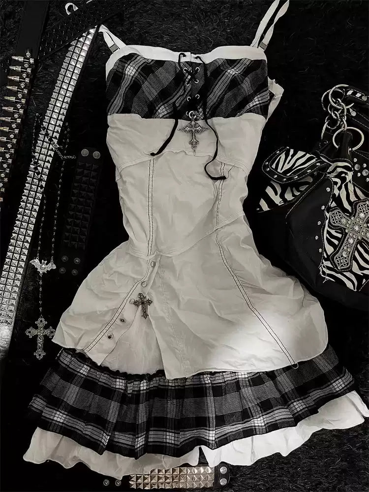 Retro Black Plaid Suspender Dress