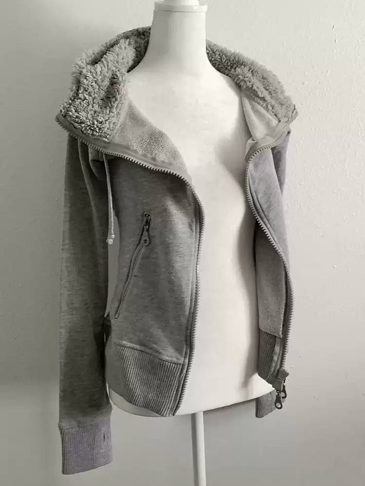gray lamb wool hooded sweatshirt jacket