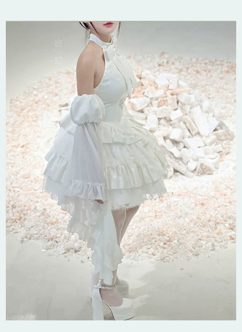 Gothic Lolita JSK Dress Snake Print Slimming Backless Dress White - Arm Sleeves