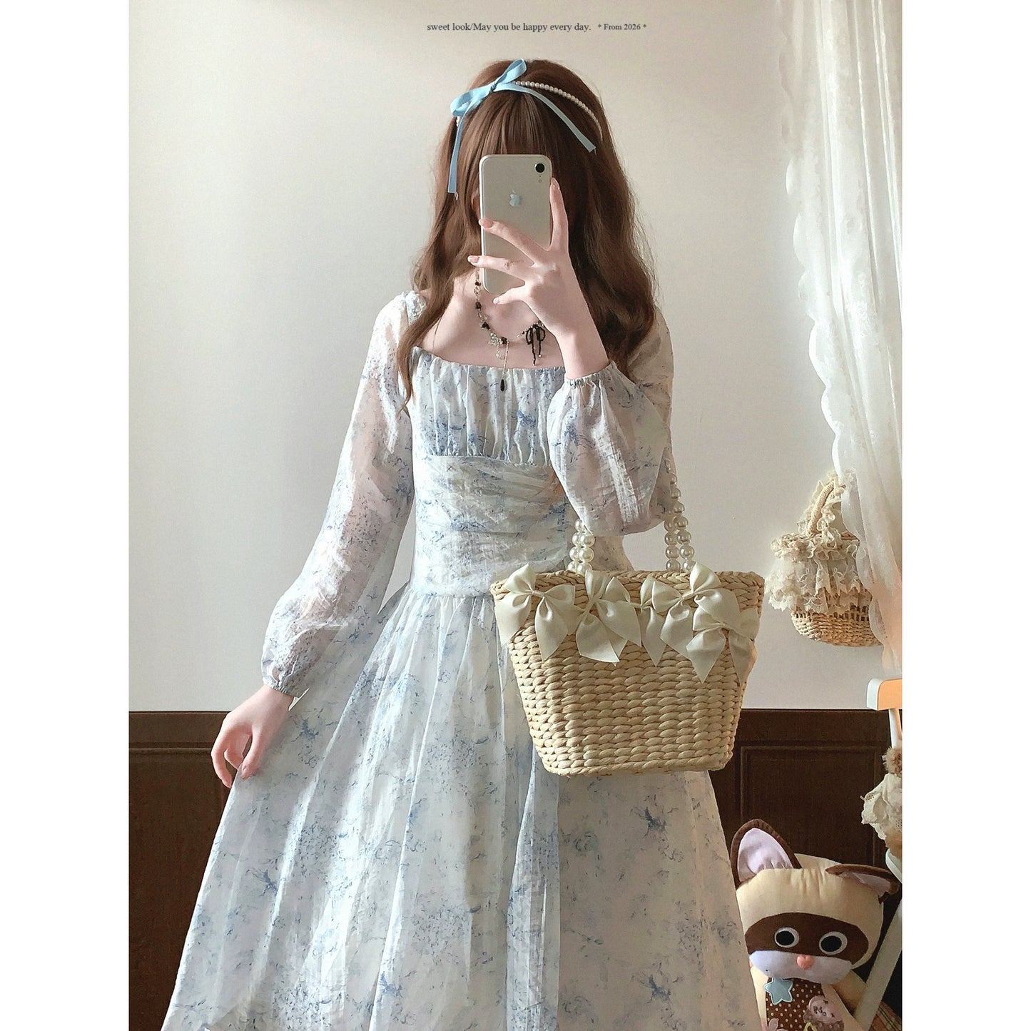 Last-Stock Sale dod* French Tea-Party Dress Elegant Pleated Square Neck Watercolor Hand-Painted Print Midi Dress
