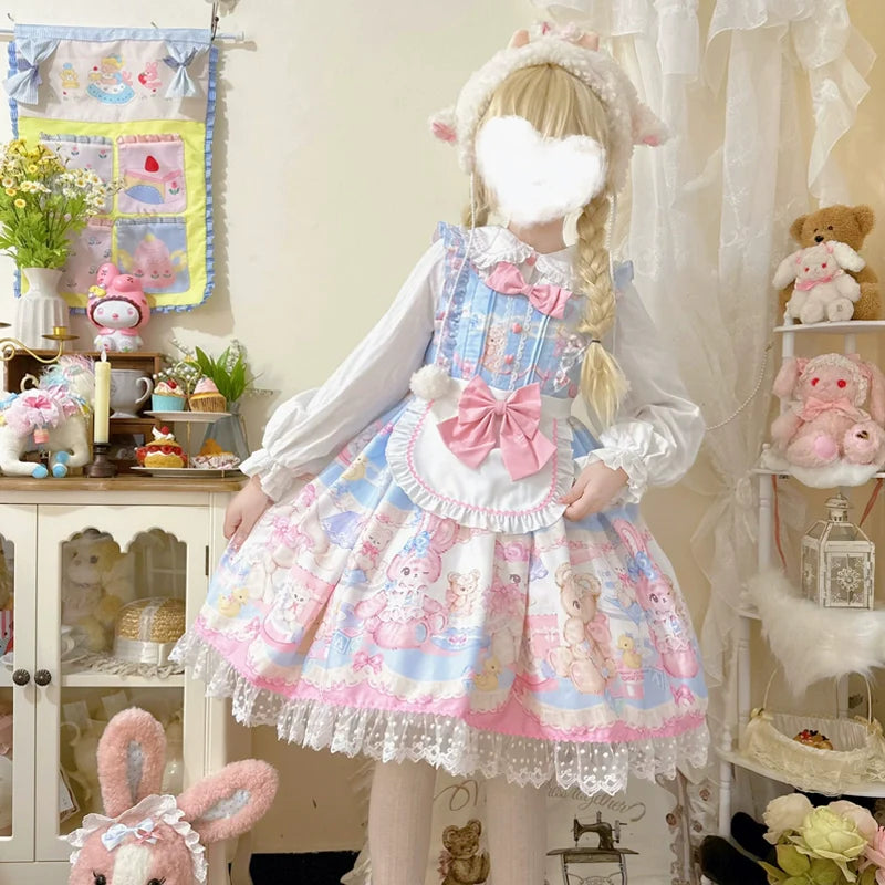 Sweet Lolita Jumper Dress Cute JSK L Blue JSK + apron