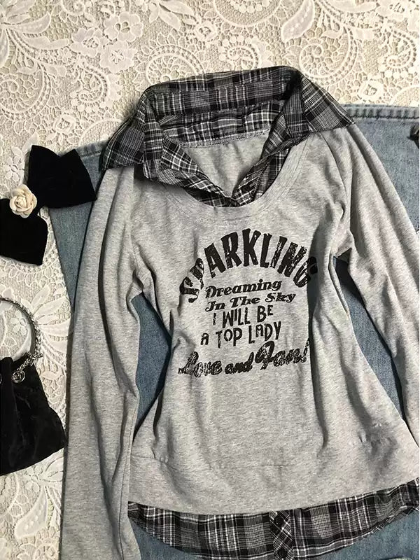 Gray plaid patchwork letters long-sleeved Top