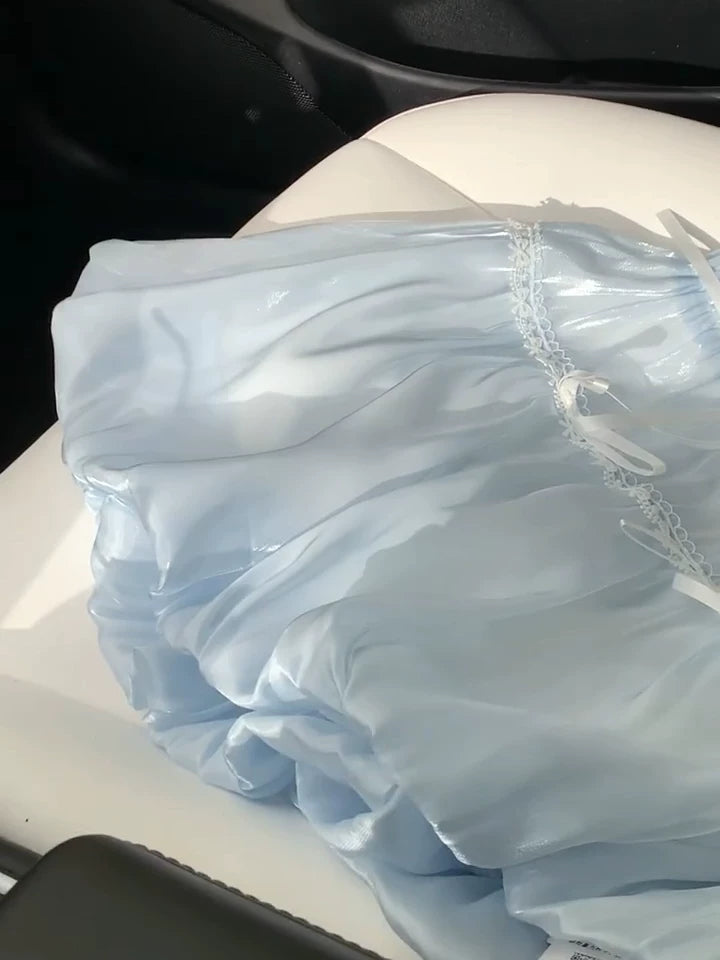 Light Blue Bow Lace Trim Skirt | Balletcore High Waisted A-Line Mini Skirt