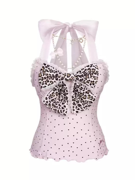 Lace-up Polka-dot Bow Halter Top
