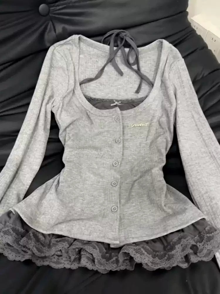 Korean gray fake two-piece lace long-sleeved Top