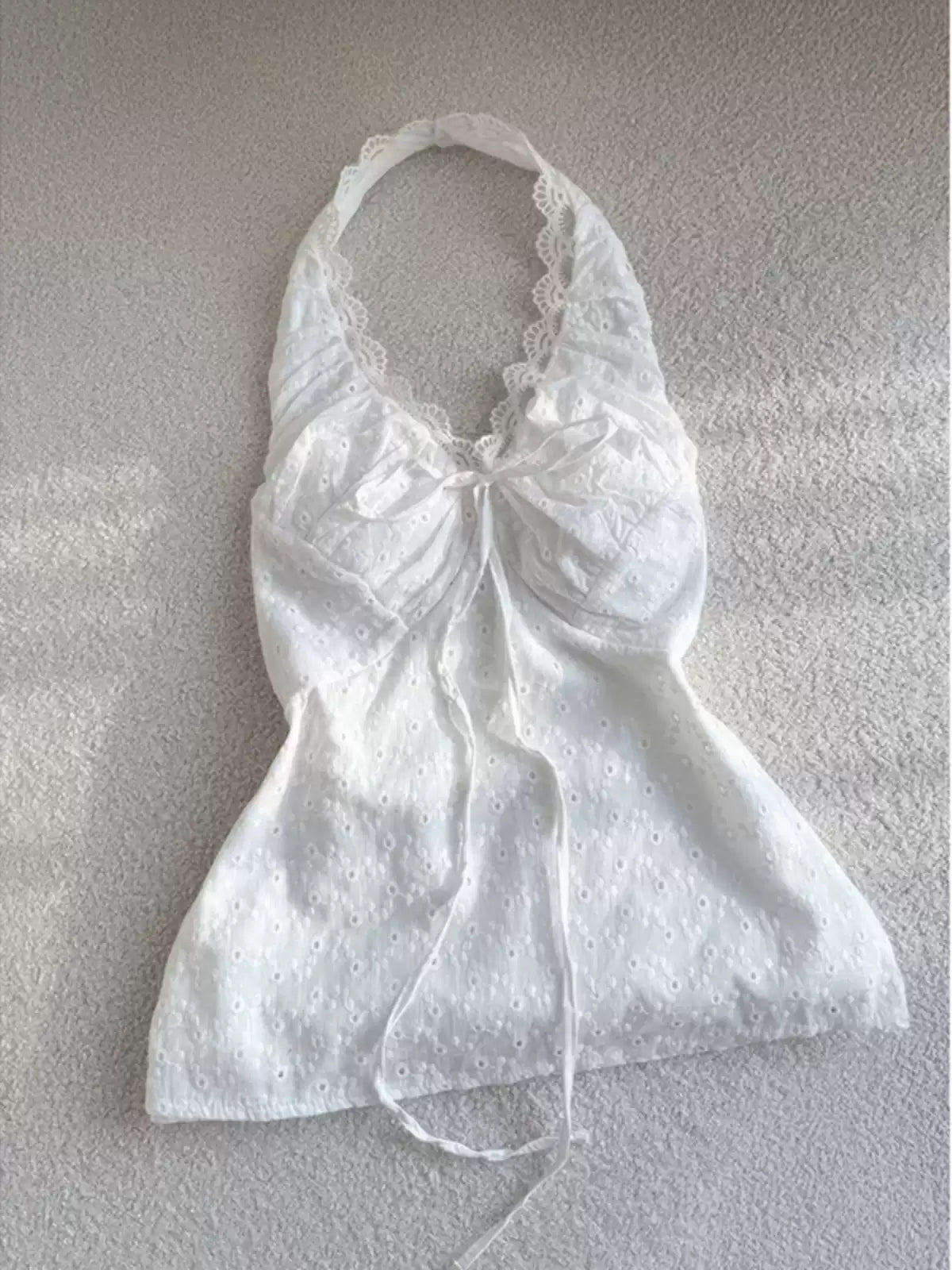 White hollow embroidered halterneck camisole