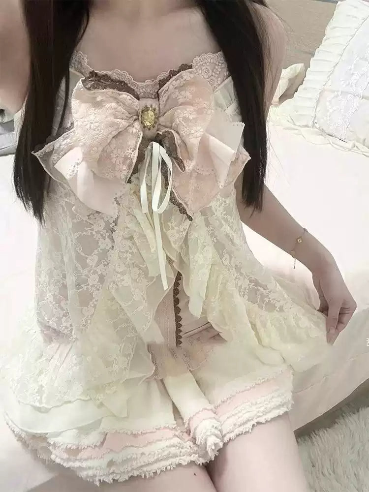 Retro Bow Lace Hollow Coord