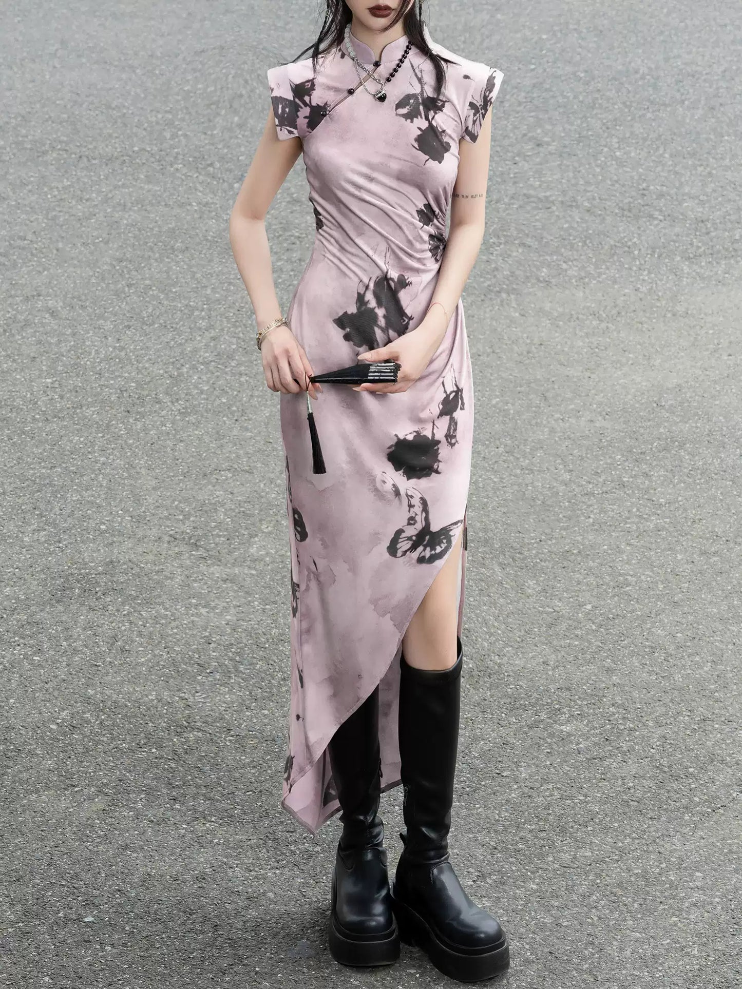 Purple Butterfly Knitted Cheongsam Dress