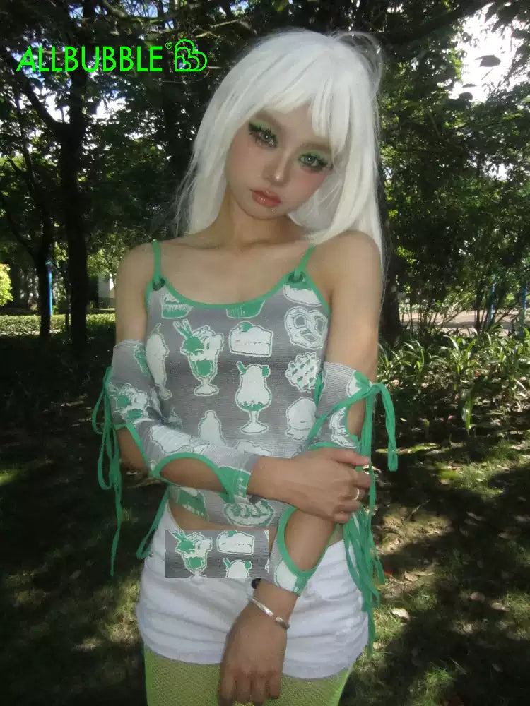 hollow green ice cream print vest