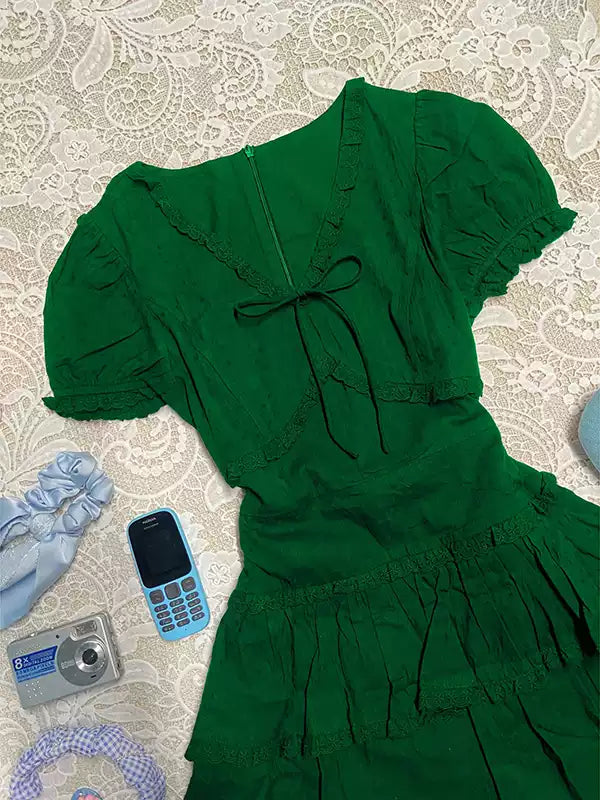 Green v-neck bow shirt dress