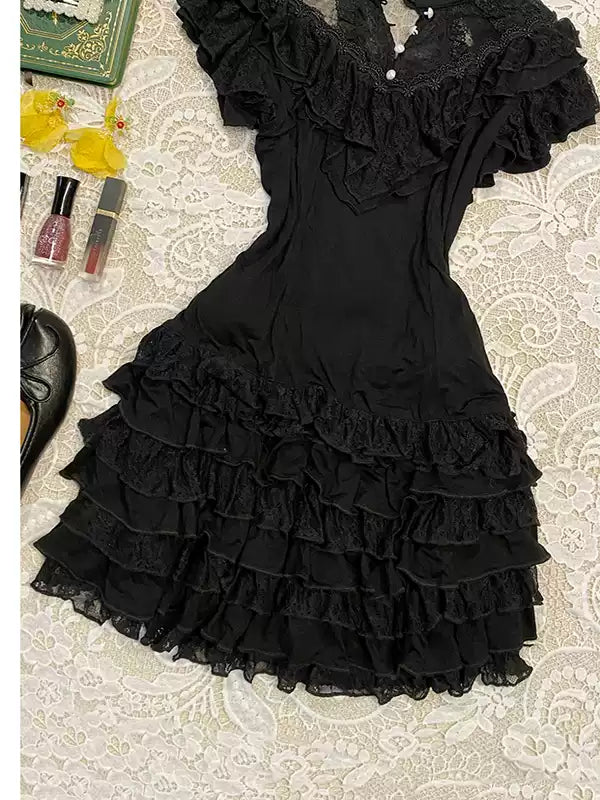 Black lace stand-up collar short-sleeved shirt
