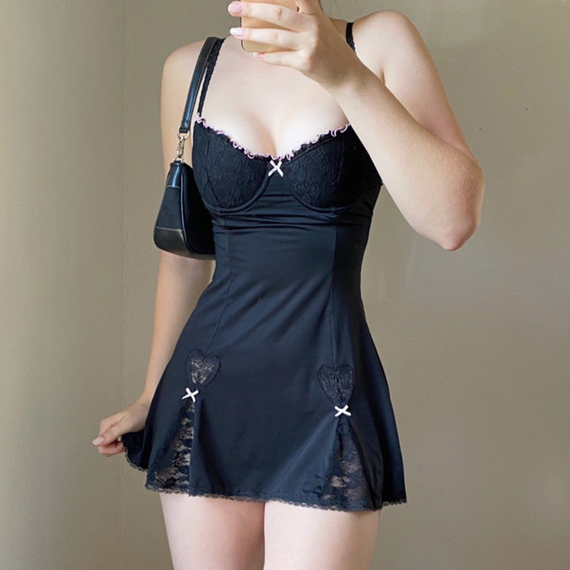Sweet and spicy lace black slip dress