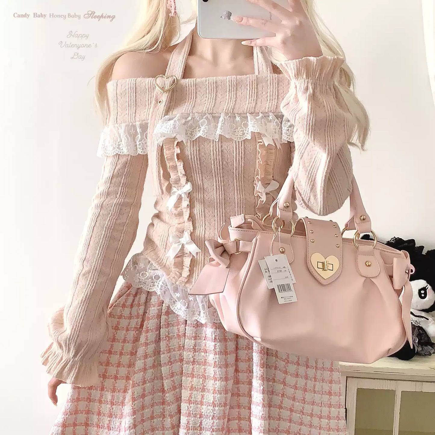 One-shoulder Love Button Halter Neck Lace Long Sleeve Top