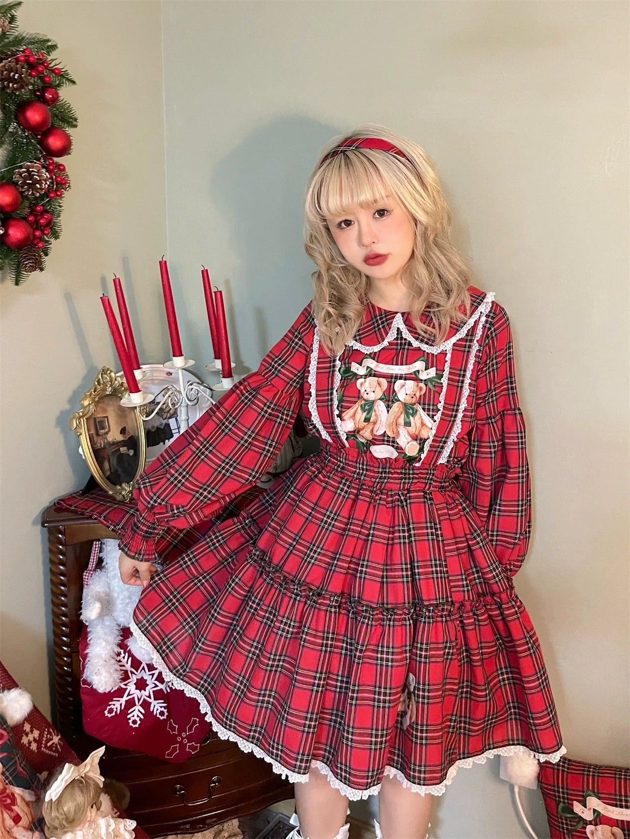 Christmas Vintage Lolita Skirts Doll Collar Blouse Plaid Skirt Set