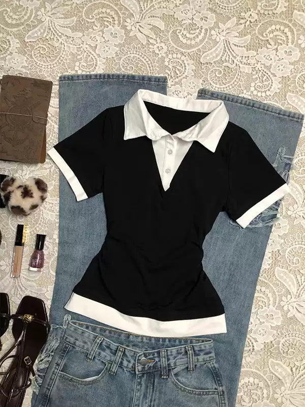 black and white contrast collar shirt