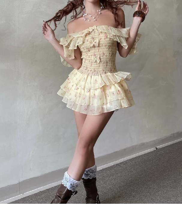 Yellow Floral Ruffled Off-shoulder Dress