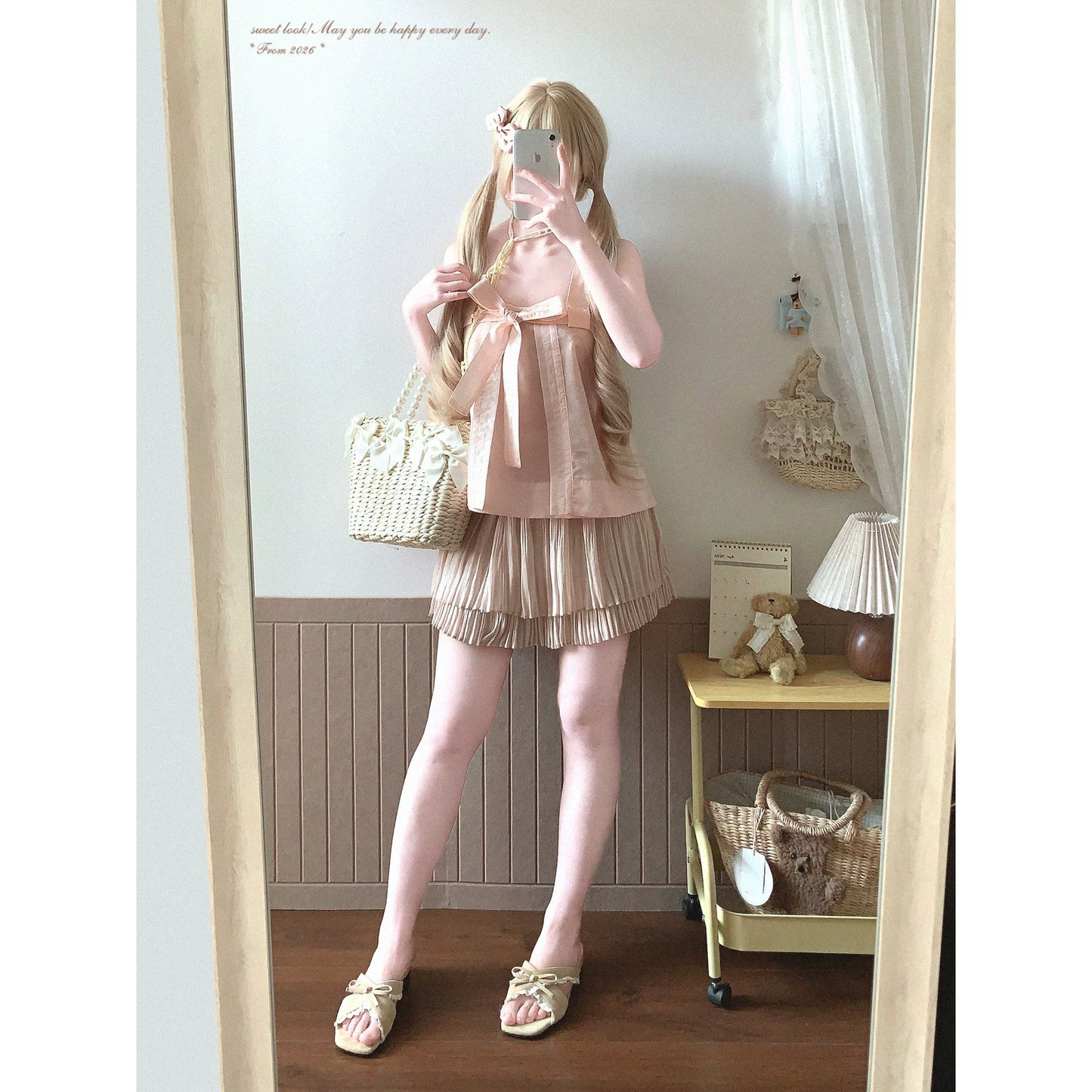Last-piece **myyj** Cotton Elegant Chinese-Style Jacquard with Subtle Pattern, Relaxed Tie-Strap Butterfly Bow Slip Dress*
