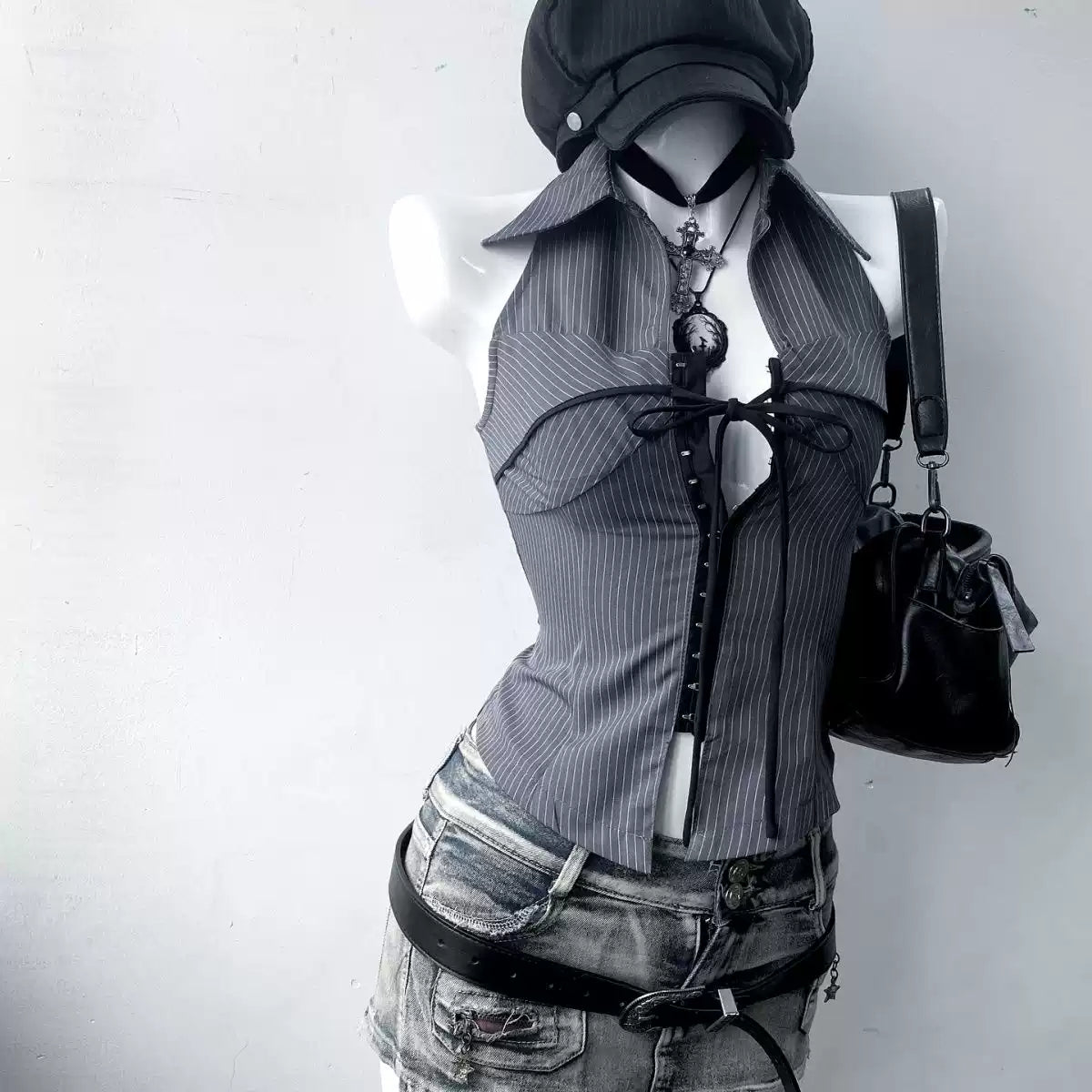 retro style striped stand collar sleeveless shirt