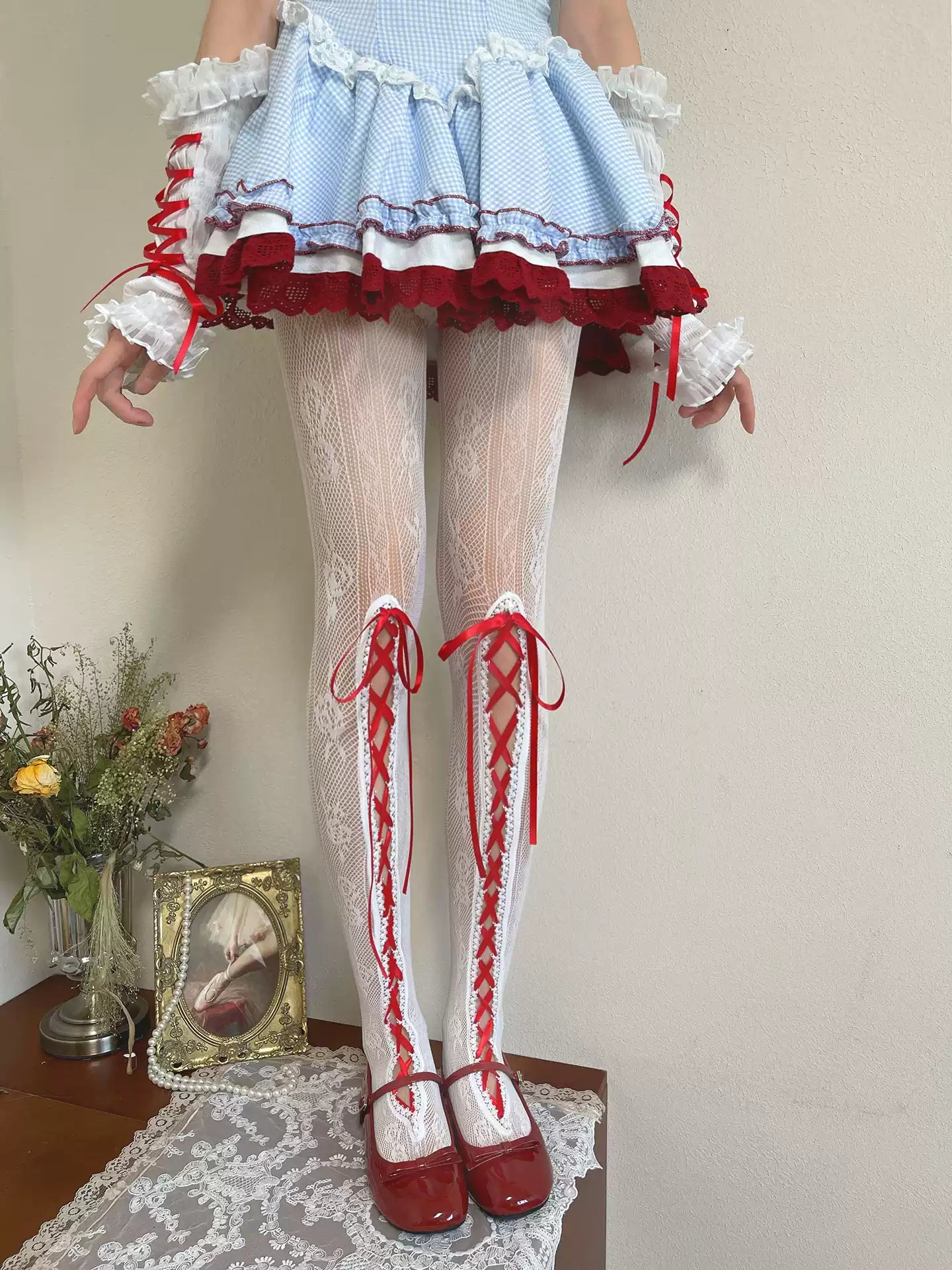 Ballet Style Red Ribbon Lace Pantyhose