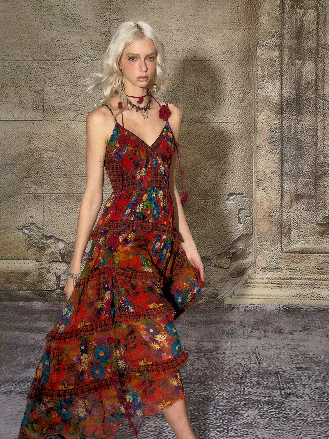 Fireworks Burning Retro Strap Floral Dress