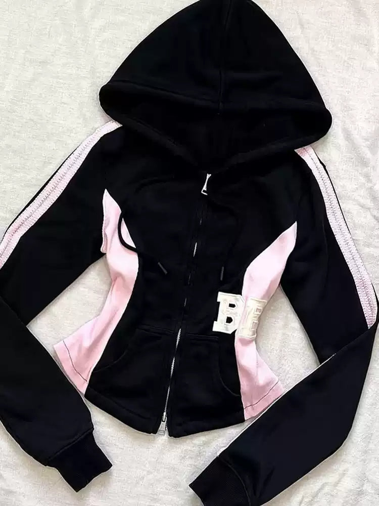 Retro matching casual all-match zipper hooded jacket