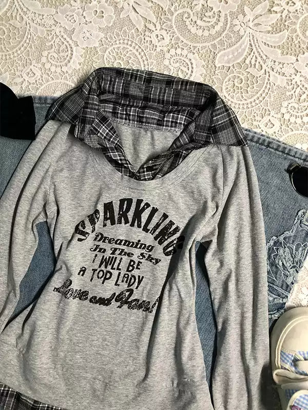 Gray plaid patchwork letters long-sleeved Top
