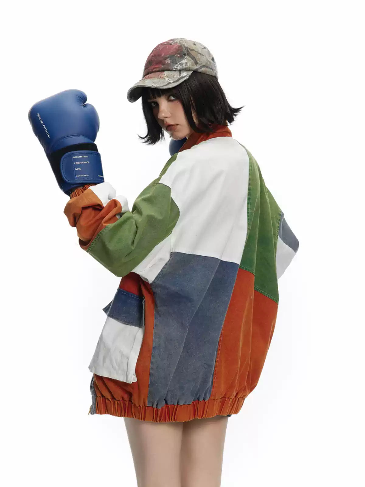 American small multi-material contrasting color splicing jacket