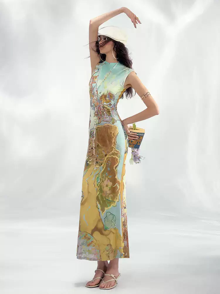 Chinese Print Lake Cheongsam Dress