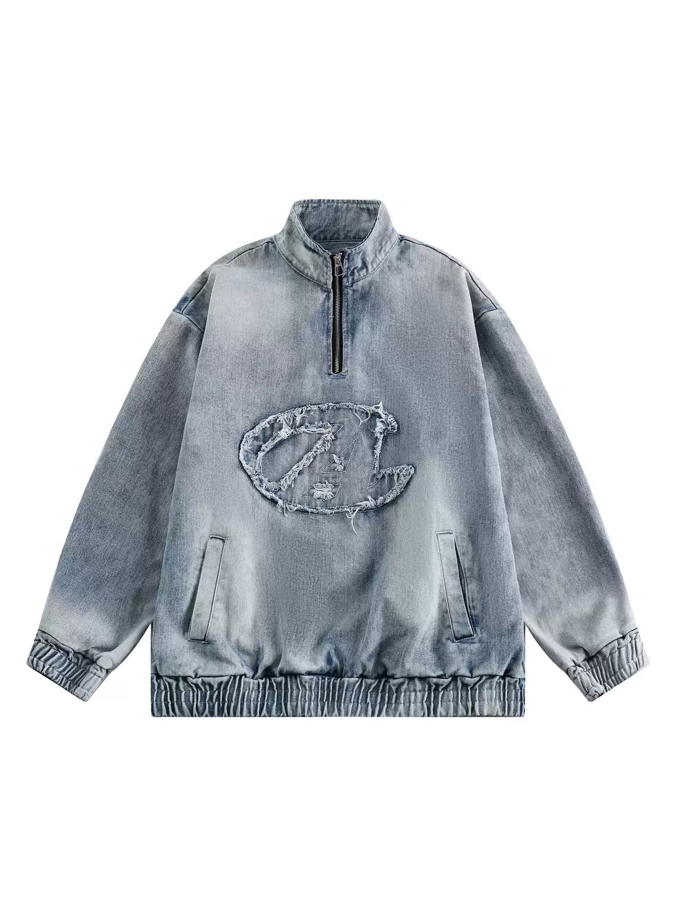 American distressed half-zip washed patchwork denim sweatshirt