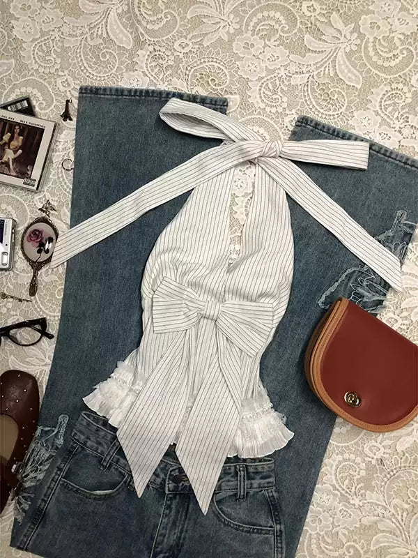 White Striped Bow Halter Top