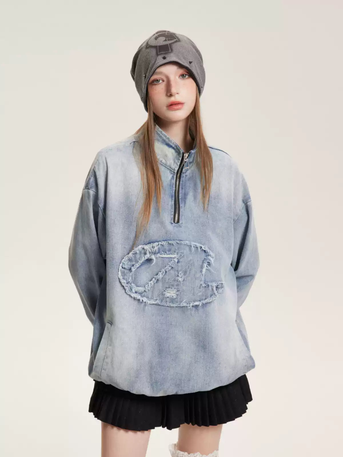 American distressed half-zip washed patchwork denim sweatshirt