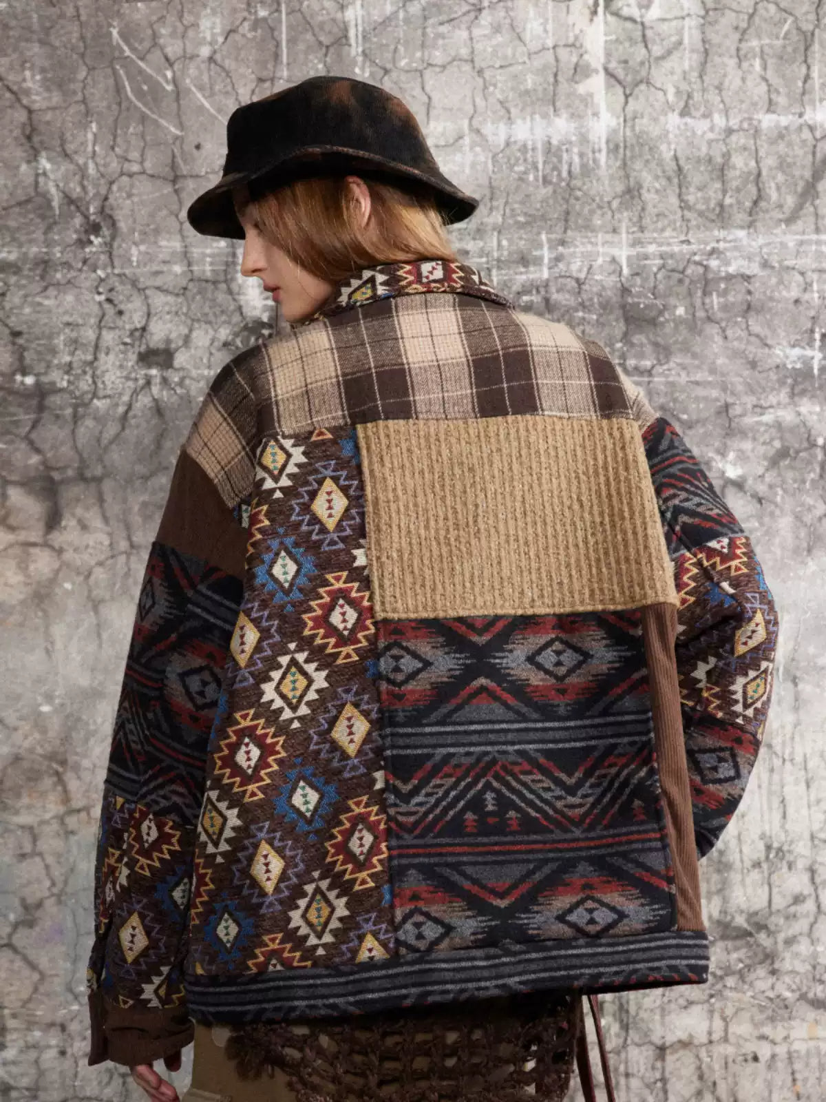 American retro multi-material stitching contrasting lapel jacket