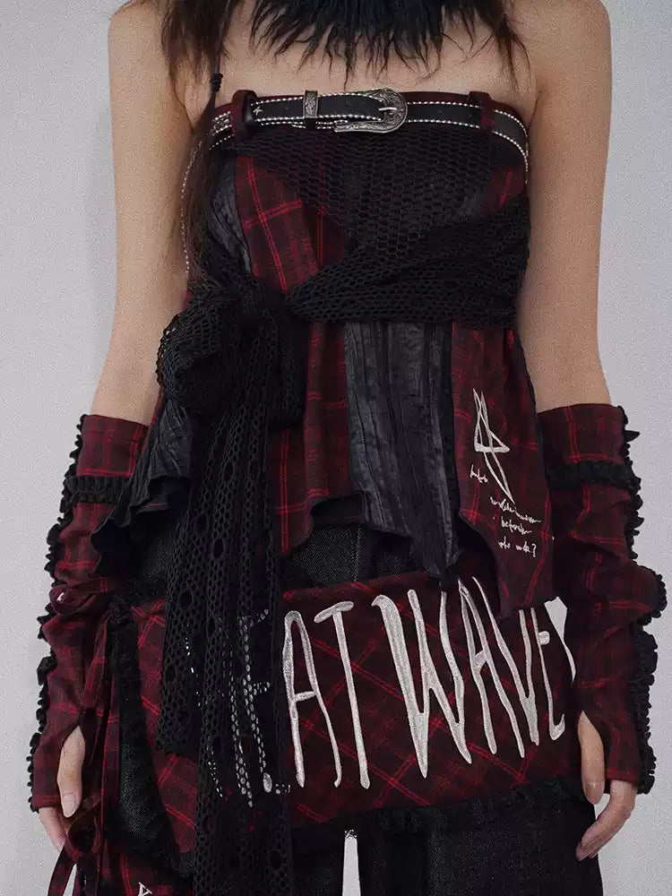 Red and black spliced irregular plaid skirt