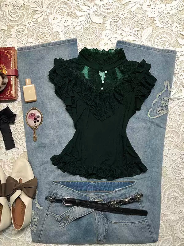 Black lace stand-up collar short-sleeved shirt