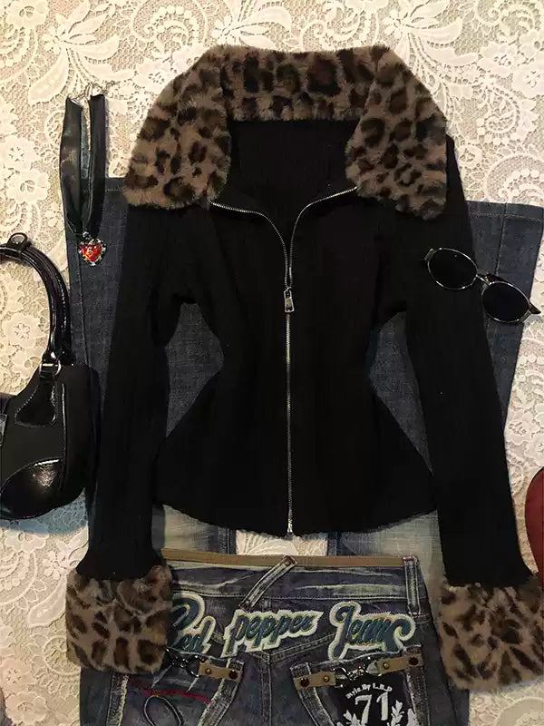 leopard print fur collar knitted cardigan jacket