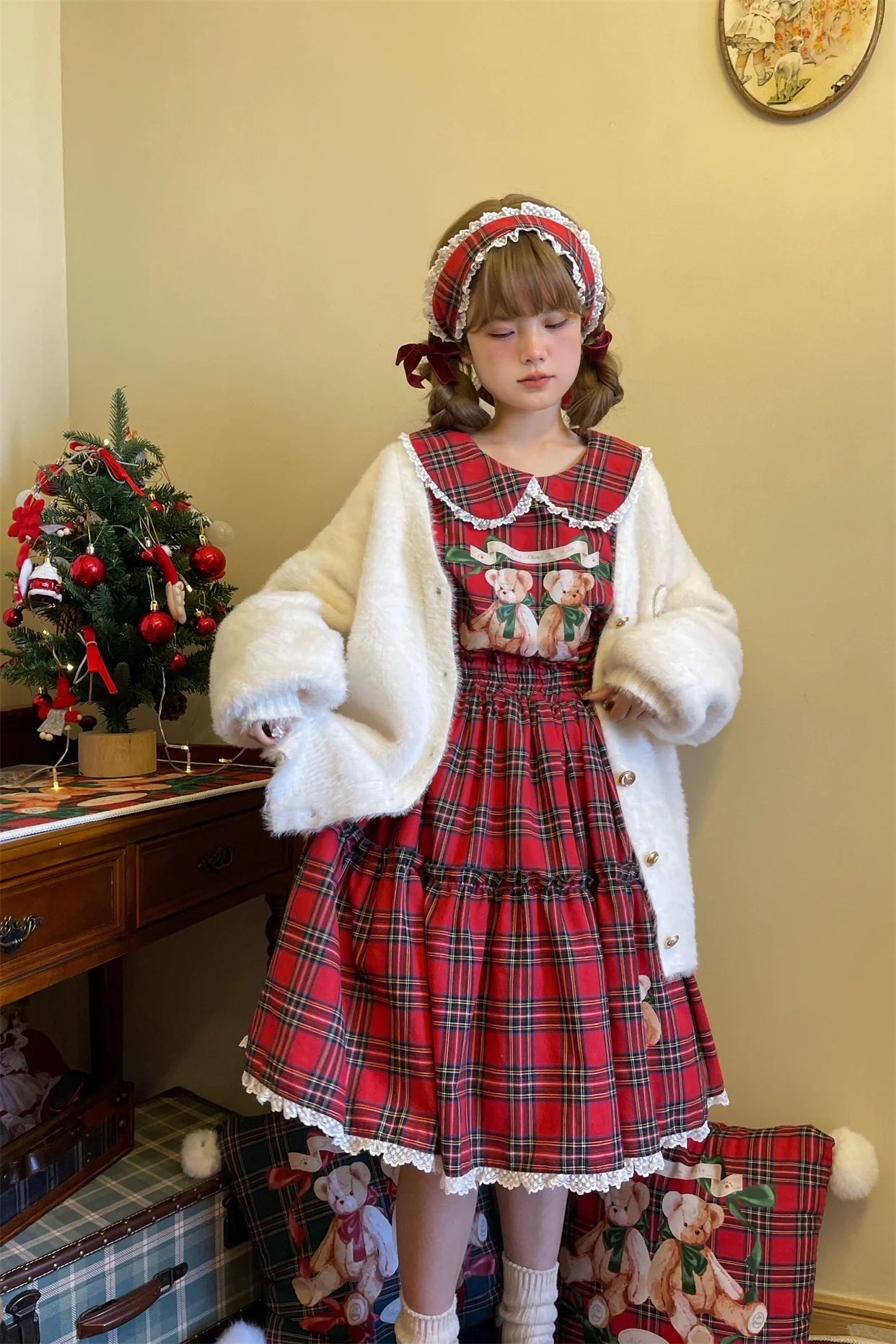 Christmas Vintage Lolita Skirts Doll Collar Blouse Plaid Skirt Set