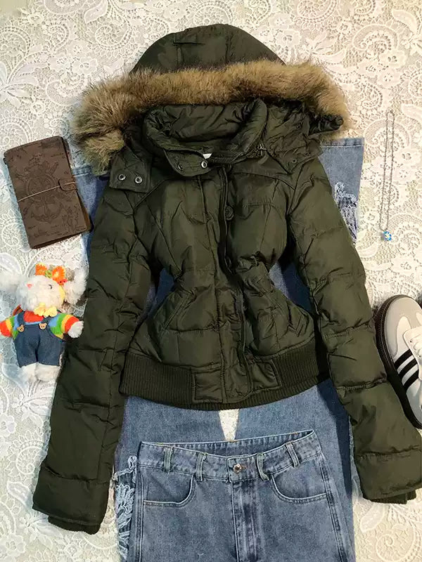 green fur collar hooded cotton jacket