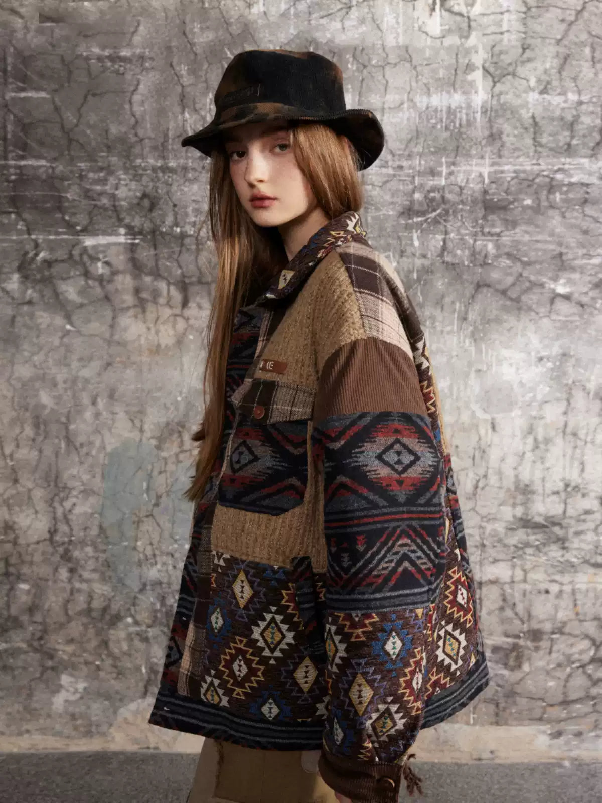 American retro multi-material stitching contrasting lapel jacket