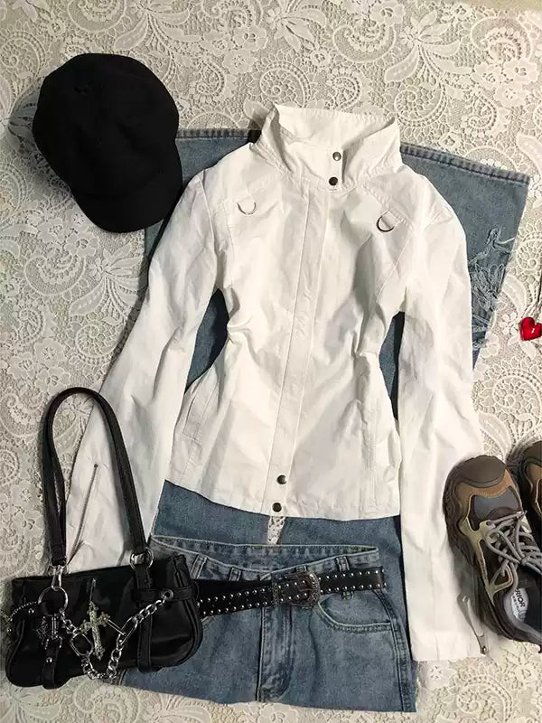 White stand-up collar long-sleeved shirt