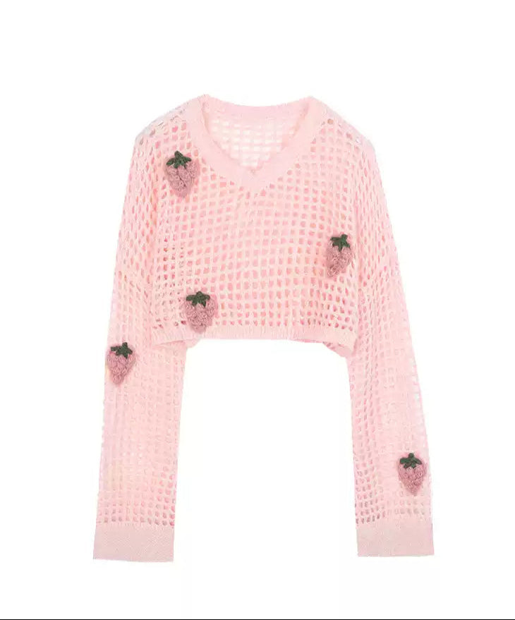 Knitted Hollow Strawberry Long-sleeved Top