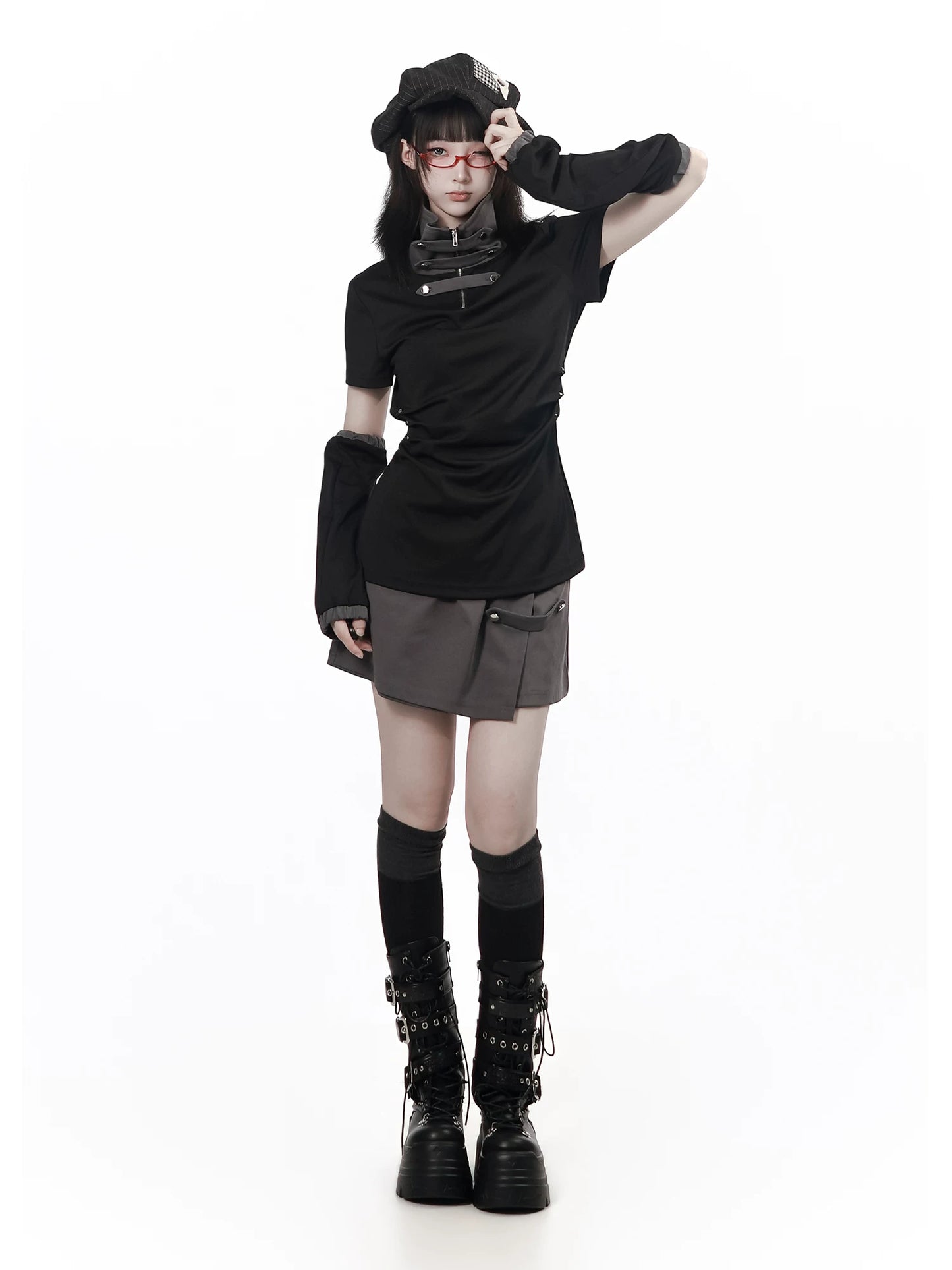 Ready-to-Ship【Grey Tuning】Black-Grey Stand Collar Summer Sleeve Cuffs Short-Sleeve Flared Skirt Waist-Length Slimming Dress for Women