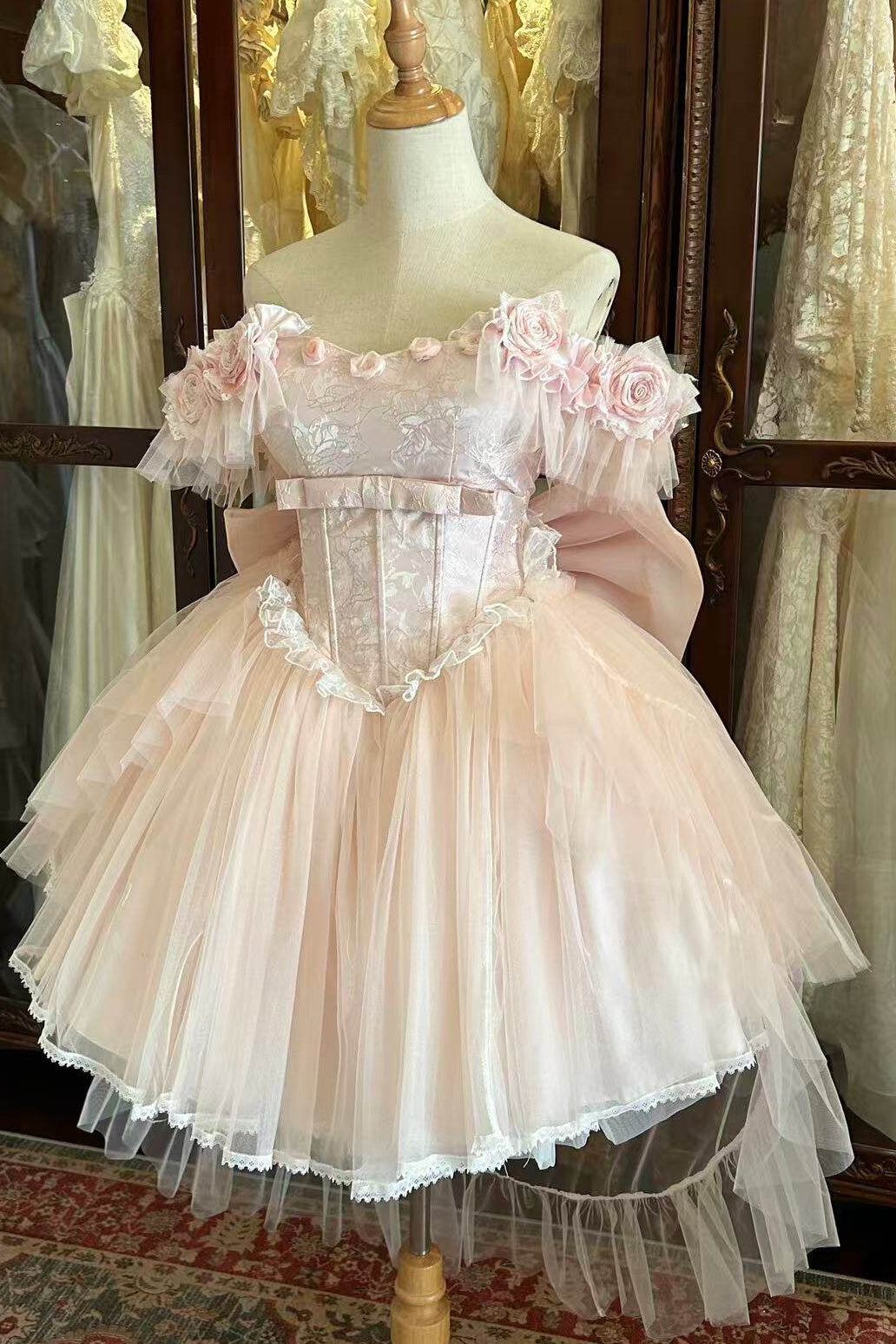 Light Pink Sweet Lolita Dress with Ribbon Tail Set