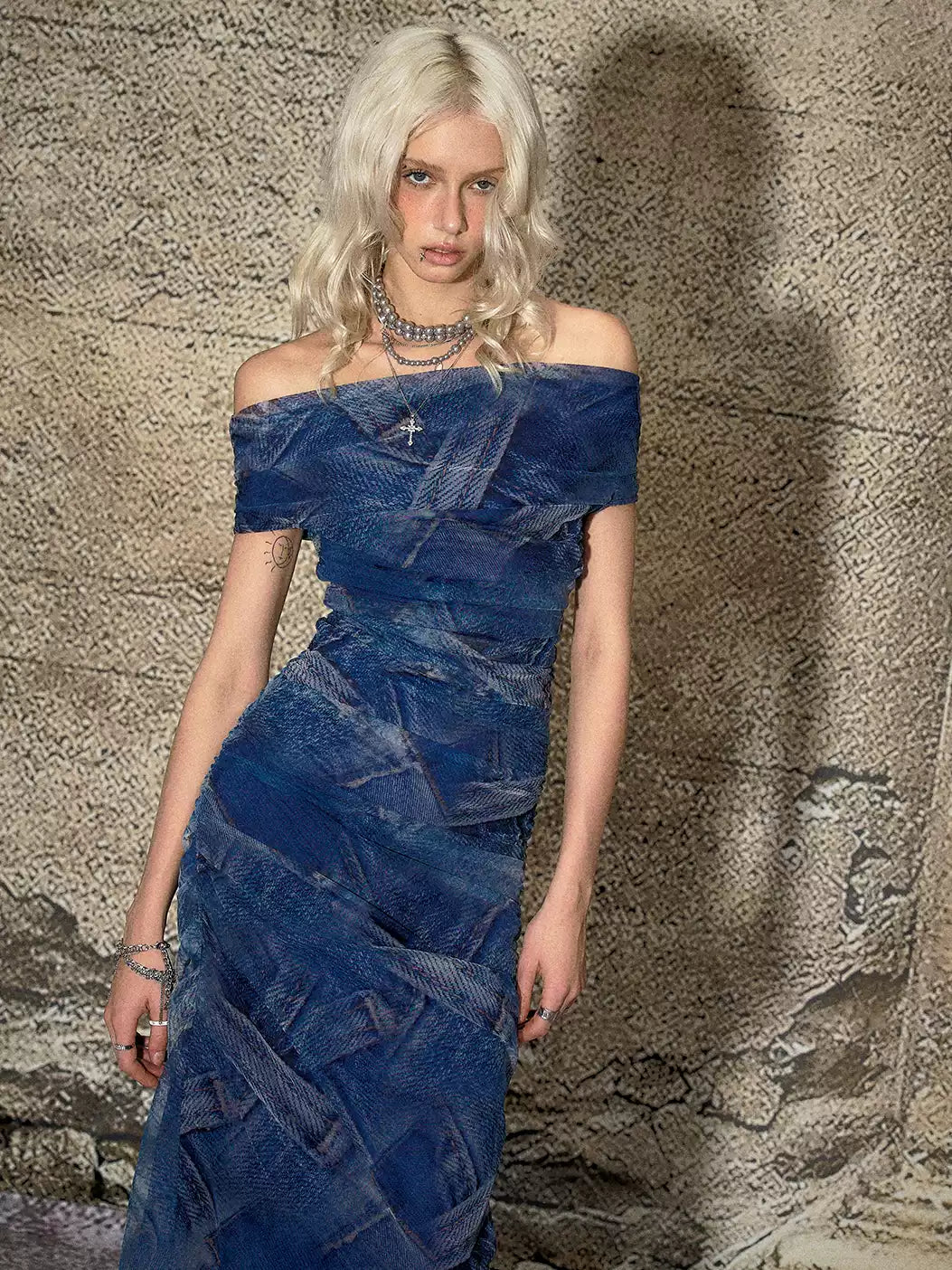 Blue One-shoulder Mesh Print Dress