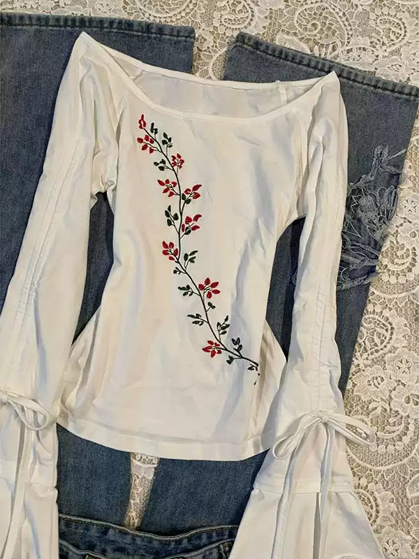 White round neck drawstring strap long-sleeved Top