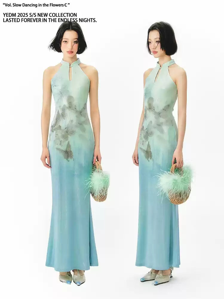 Butterfly Print Halter Neck Qipao Dress