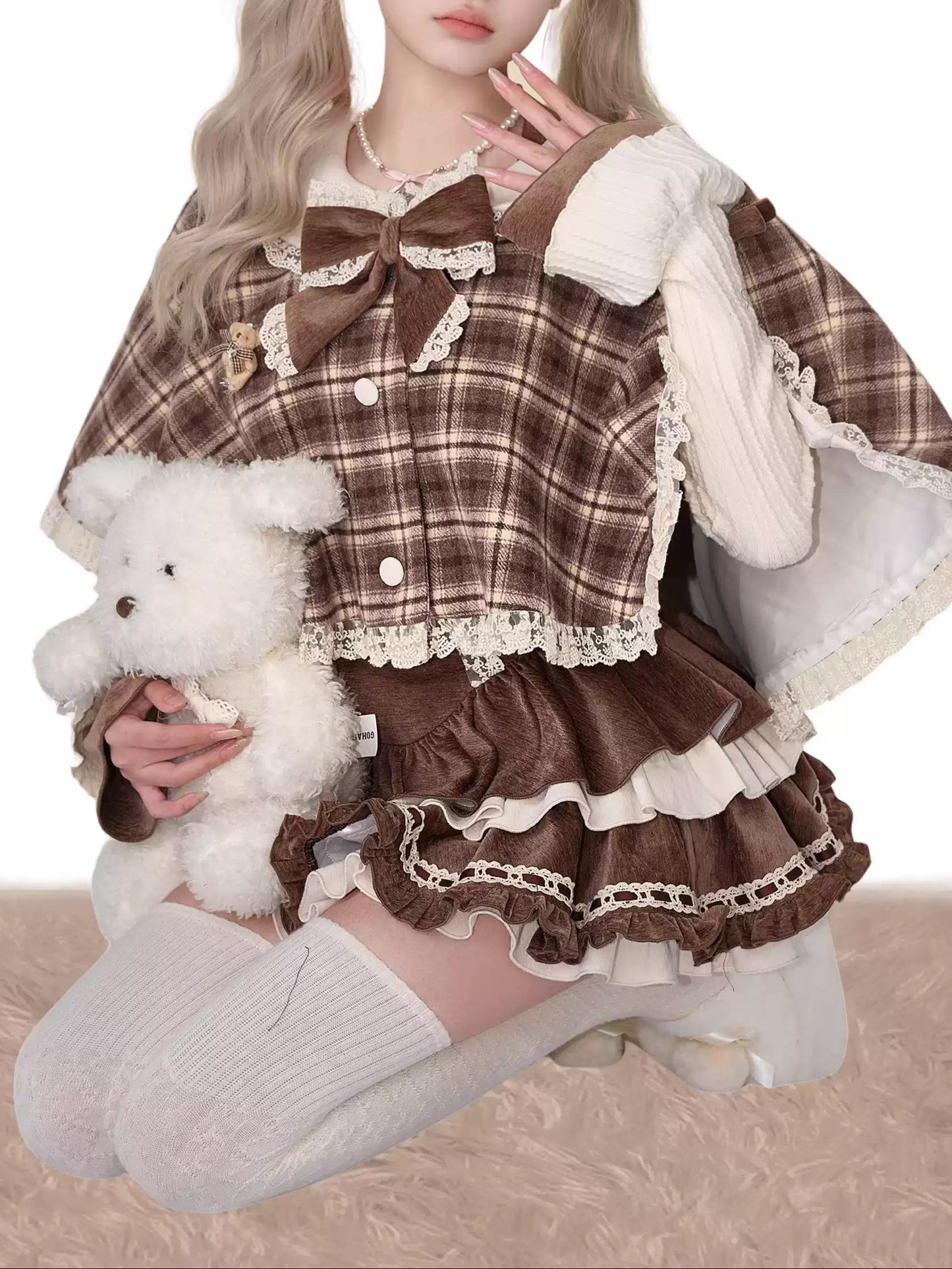 Bear Mousse Winter Cape + Little Cake Suspender Skirt + Knitted Top