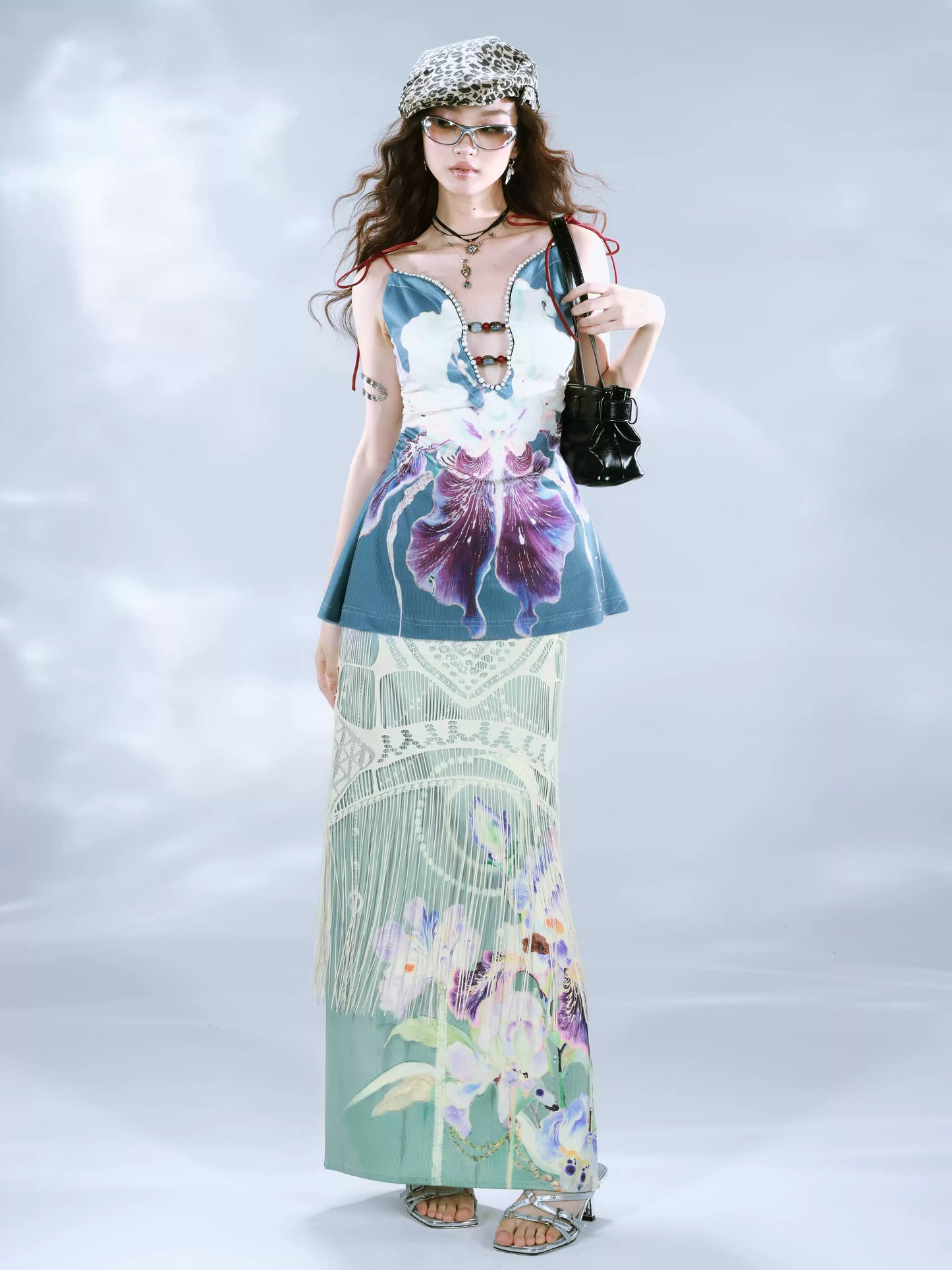 Retro Hand-painted Printed Fake Two-piece Tassel Skirt
