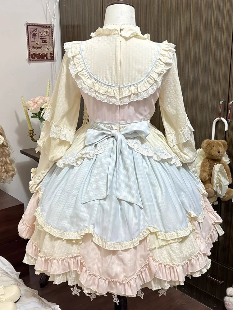 Blue-Pink Cute Sweet Lolita Dress Short Length, Long Sleeve “Lolita” Fluffy Princess Dress Slimming Everyday Outfit