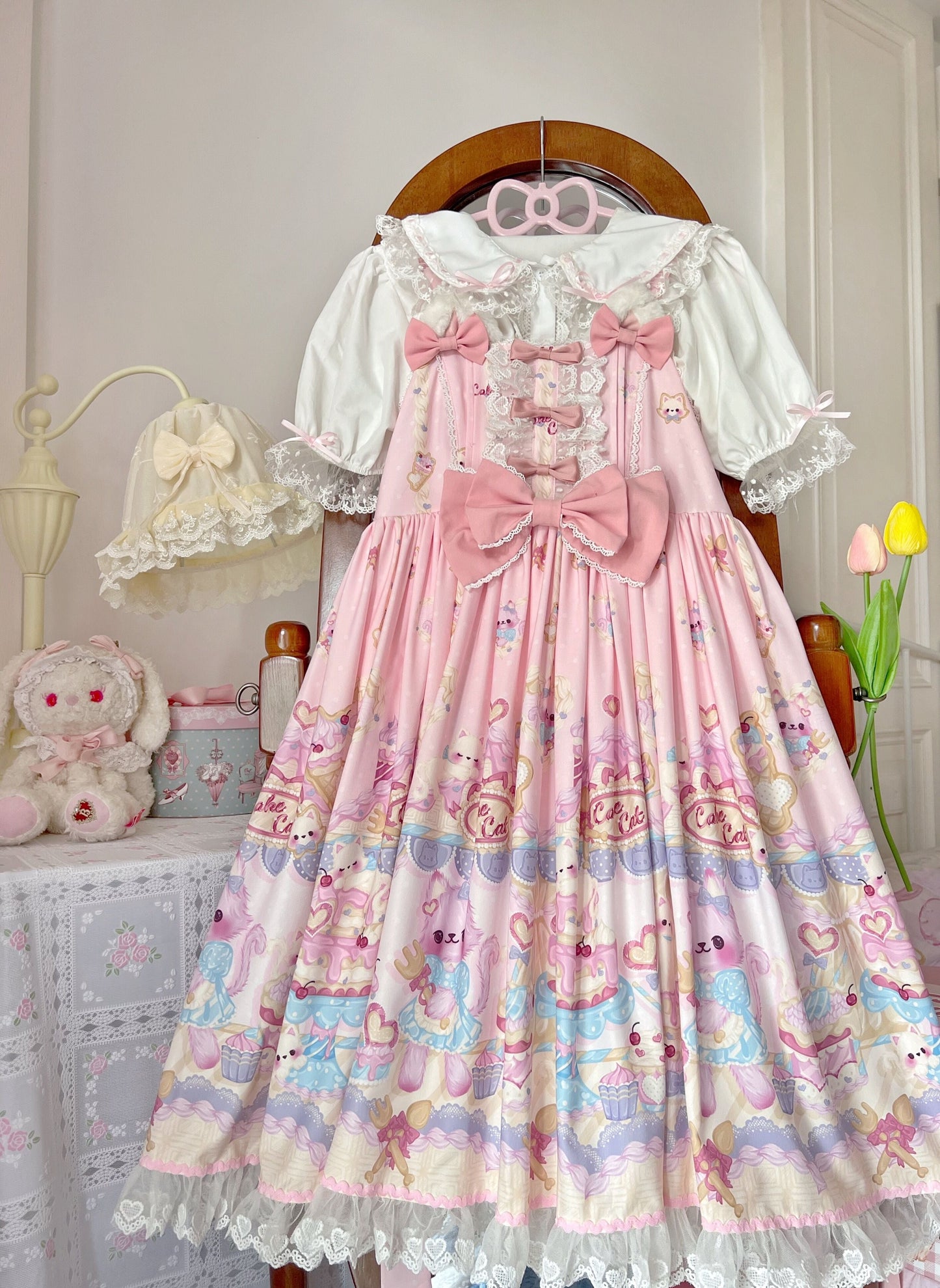Cute Lolita Cat Printed Sweet JSK Dress pink jsk