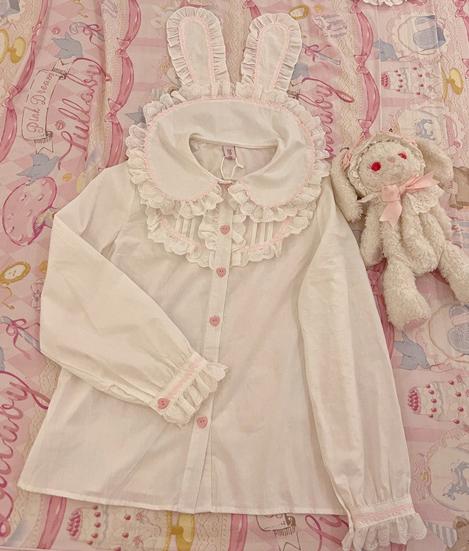 Cute Lolita Cat Printed Sweet JSK Dress long sleeve rabbit ears blouse (pink)